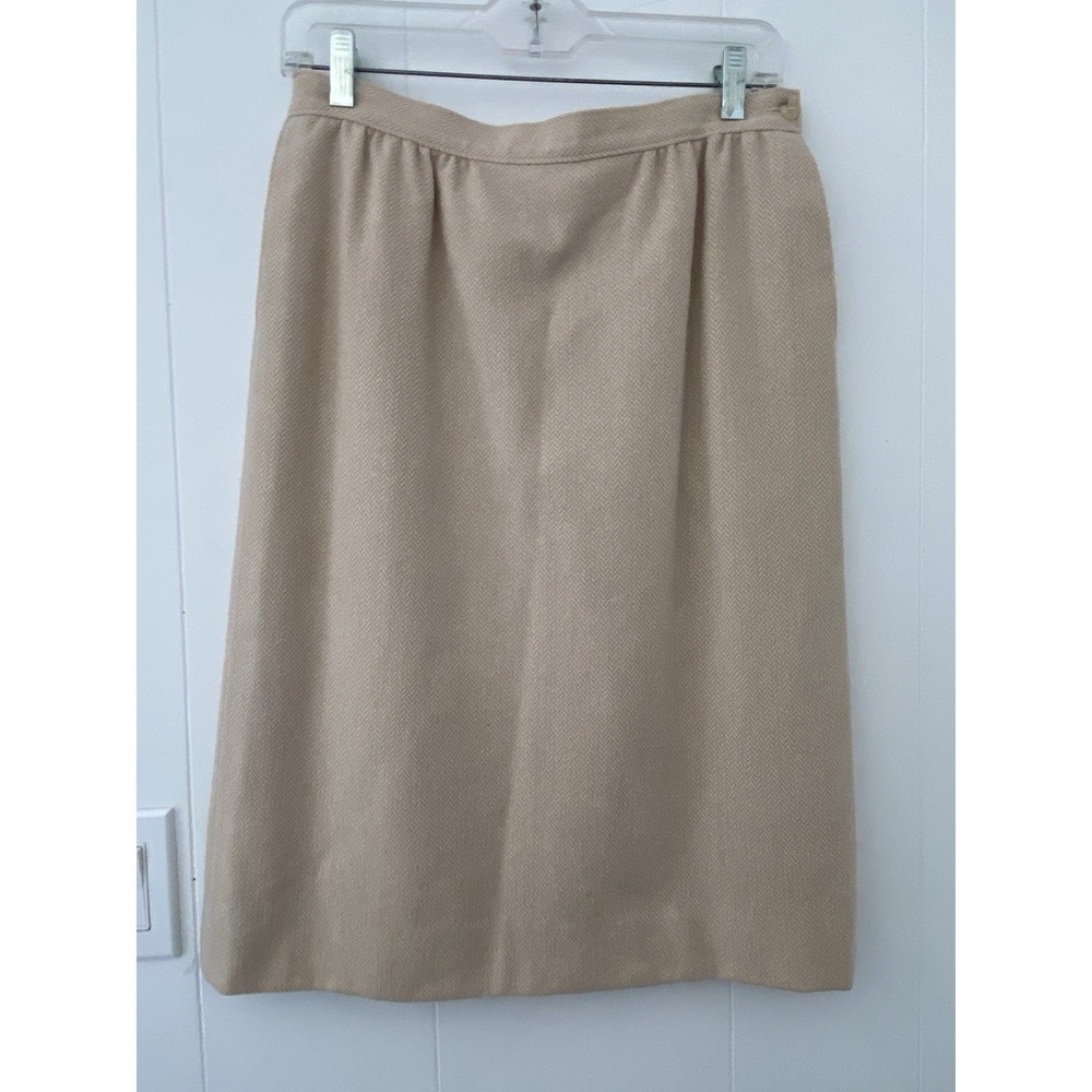 VTG 70s Pendleton Petite 100% Virgin Wool Herringbone Midi Skirt Tan Size 12 (8)